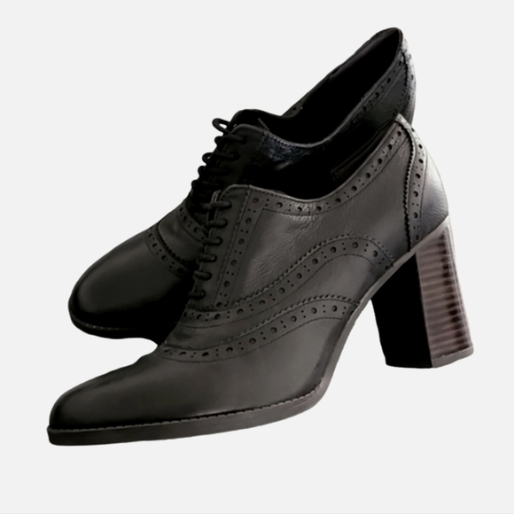 Franco Sarto Shoes - Franco Sarto Cecilia Spectator Wingtip Black Leather Chunky Heel Oxfords 9.5